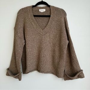 Anthropologie Boho V Neck Oversized Boxy Slouchy Sweater XSmall Tan Brown Wool